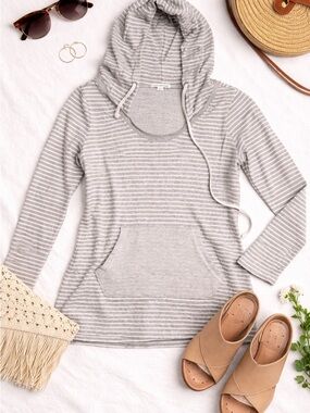 James Perse Gray & White Striped Lightweight Hoodie